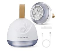 BarberBoss Electric Lint Remover, Rechargeable Fuzz remover for Clothes, Powerful Blade System & Transparent Wool Container, 90-Minute Cordless Fabric Shaver, QR-3101, White