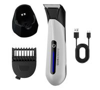 BarberBoss Men’s Body Hair Trimmer, Waterproof Groin & Ball Groomer, Skin-Safe Ceramic Blade, Adjustable Length Comb, USB Charging Stand & LED Light, Male Hygiene Shaver (White)