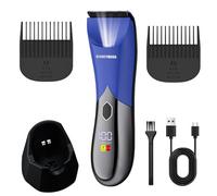 BarberBoss Men’s Grooming Trimmer for Body & Intimate Areas, Rechargeable Blue Pubic Hair Clipper with Turbo Speed, USB-C, LED Display & Waterproof Design