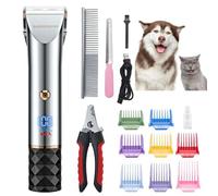 BarberBoss Professional Dog Grooming Kit - Low Noise Pet Clipper with 2 Speed Settings, Ceramic Blades, USB Charging, LED Display and 8 Comb Attachments, QR-9081
