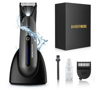 BARBERBOSS QR-2075A Groin & Body Hair Trimmer for Men - Ceramic-Titanium Blades, 6-Position Comb, LED Light, USB Cable & Charging Stand