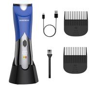 BarberBoss Rechargeable Body Hair Trimmer for Men, Blue Groin Shaver with Waterproof Design, LED Display, Body and Beard Groomer with Adjustable Combs