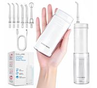 BarberBoss Travel Water Flosser, Cordless Oral Irrigator, 3 Pressure Modes, 6 Nozzle Tips (3*Standard, Orthodontic, Periodontal, Tongue Cleaner), Telescopic Tank, 50-Day Battery, QR-7111 (White)