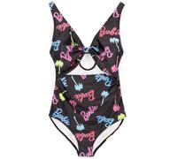 Barbie Womens Swimsuit | Multicoloured All in One Swimming Costume for Ladies | Black Pink Blue Green Palm Tree Doll Classic Logo | Front Knot Two Straps Cossie | Swimwear Merchandise Gift for Adults