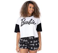 Barbie Womens Pyjama Set | Black and White Cropped T-Shirt & Shorts For Ladies | Short Sleeve Tee Elasticated Waist Shorts | Classic Logo Graphic Sleepwear | Nightwear Pyjama Merchandise for Adults