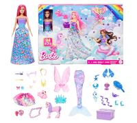 Barbie Advent Calendar with Doll & 24 Surprise Accessories Including Unicorn & 3 Pets, Transform Pink-Haired Fashion Doll into Mermaid, Fairy & More, HRG90