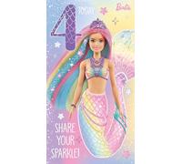 Barbie Age 4 Birthday Card, Rainbow Mermaid Design, Share Your Sparkle Theme