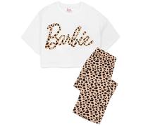 Barbie Pyjamas For Women | Ladies Leopard Animal Print Doll Logo Loungewear | White Cropped T-Shirt with Nude PJs Bottoms