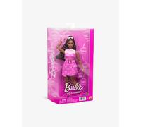 Barbie Deluxe Style Doll #10 in Pink Denim Top and Skirt Set with Bow Print, Black Hair, Behind-the-Ear Hearing Aids and Accessories like Handbag, JJN70
