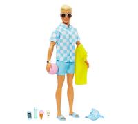 Barbie - Blonde Ken Doll with Blue Button Down and Swim Trunks, Visor, Towel and Beach-Themed Accessories, HPL74