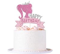 Barbie Cake Topper, Glitter Pink Cake Decorations, Happy Birthday Cake Pick for Princess Theme Baby Shower Wedding Anniversary Girl Birthday Party Cake DIY Decor