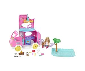 Barbie Camper, Chelsea 2-in-1 Playset | Small Doll, 2 Pets & 15 Accessories, Vehicle Transforms into Camp Site, HNH90