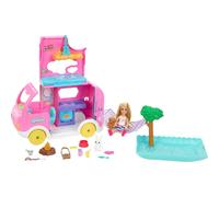 Barbie Camper, Chelsea 2-in-1 Playset with Small Doll, 2 Pets & 15 Accessories, Vehicle Transforms into Camp Site, HNH90