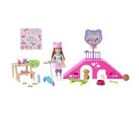 Barbie Chelsea Doll & Skate Park Playset with 2 Puppies, Skate Ramp, Scooter & 15+ Accessories, Brunette Small Doll with Blue Eyes, HJY35