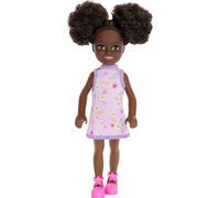 Barbie Chelsea Doll, Small Doll Wearing Removable Purple Floral Dress & Pink Shoes with Space Buns & Brown Eyes