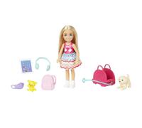 Barbie Chelsea Small Doll & 6 Accessories, Travel Set with Puppy, Pet Carrier & Backpack that Opens & Closes, Blonde Hair, HJY17