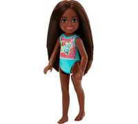 Barbie Chelsea - Small Doll in Swimsuit with Stripes and Floral Print, Brown Hair and Brown Eyes