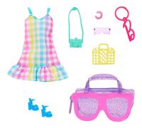 Barbie Clothes & Accessories Deluxe Sunglasses-Shaped Bag with Keychain Multicolor Gingham Dress & Summery Accessories for Fashion Dolls