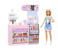 Barbie Coffee Shop Doll, Playset, and Accessories | Blonde Barista Fashion Doll, 12+ Pieces Featuring Coffee-Smoothie Maker, Food Cups and More, Ages 3+, HXN94