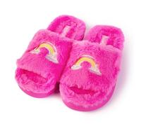 Barbie Cozy X-band And Open Toe Faux Fur Memory Foam Indoor Outdoor Soled Slipper In Xs-XL Women's Slippers, Double Rainbow, Large