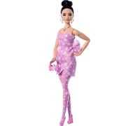 Barbie Deluxe Style Doll #11 in Pink Denim Star-Print Dress with Matching Tights, Black Hair in High Bun, Accessories like Handbag and Jewelry, JJN71