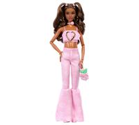Barbie Deluxe Style Doll #12 in Pink Denim Crop Top with Matching Rose Print Flare Jeans, Wavy Brown Hair, Accessories like Rose Handbag and Jewelry,