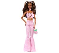 Barbie Deluxe Style Doll #12 in Pink Denim Crop Top with Matching Rose Print Flare Jeans, Wavy Brown Hair, Accessories like Rose Handbag and Jewelry, JJN72