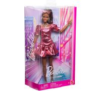 Barbie Deluxe Style Doll #6 in Metallic Coral Pink Dress with Bubble Hem, Black Hair in Ponytail, Accessories Like Sunglasses, Jewelry and Handbag