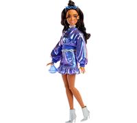 Barbie Deluxe Style Doll #7 in Metallic Blue Top and Skirt, Wavy Brown Hair, Accessories like Silvery Jewelry, Crystal Handbag and Sunglasses, JFP42