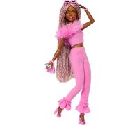 Barbie Deluxe Style Doll Age 3+ #4 in Barbiecore Outfit, Pink and Brown Braids, Soft Pink Top and Pant Set with Furry Collar and Fun Accessories