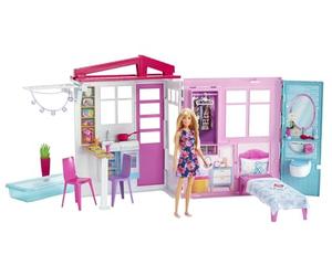 Barbie Doll and Dollhouse, Portable 1-Story Playset with Pool and Accessories, for 3 to 7 Year Olds, GWY84