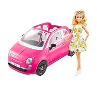 Barbie Doll and Fiat 500 Car, Pink 4-Seater Vehicle with Barbie Doll in Fashion and Accessories, Gift for 3 to 7 Year Olds, HGV03