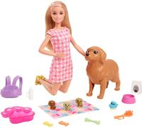 Barbie Doll and Pets Playset, Blonde Doll with Mommy Dog and 3 Puppies, Colour C