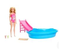 Barbie Doll and Pool Playset, Blonde in Tropical Pink One-Piece Swimsuit with Po