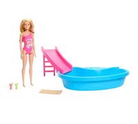 Barbie Doll and Pool Playset, Blonde in Tropical Pink One-Piece Swimsuit with Pool, Slide, Towel and Drink Accessories, HRJ74