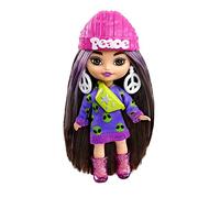 Barbie Doll, Barbie Extra Mini Brunette Doll with Alien Sweater Dress, Peace Sign-Themed Clothes and Accessories , HLN46