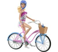 Barbie Doll and Bike Playset with Doll (11.5 in, Blonde), Bicycle with Rolling Wheels & Water Bottle Accessory, Gift for 3 to 7 Year Olds,Blue,pink,white