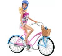 Barbie Doll and Bike Playset with Doll (11.5 in, Blonde), Bicycle with Rolling Wheels & Water Bottle Accessory, Gift for 3 to 7 Year Olds,Blue,pink,white