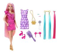 Barbie Doll, Fun & Fancy Hair with Extra-Long Colorful Blonde Hair and Glossy Pink Dress, 10 Hair and Fashion Play Accessories, HKT96