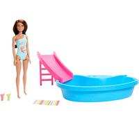 Barbie Doll & Pool Playset, Brunette in Seafoam Blue One-Piece Swimsuit with Pool, Slide, Towel & Drink Accessories