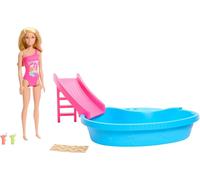 Barbie Doll and Pool Playset, Blonde in Tropical Pink One-Piece Swimsuit with Po