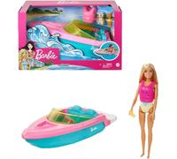 Barbie Doll & Toy Boat Playset with Pet Puppy, Life Vest & Beverage Accessories.