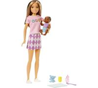 Barbie Dolls and Accessories, Skipper Doll (Two-Tone Hair) with Baby Figure and 5 Accessories, Babysitters Inc. Playset, HJY32