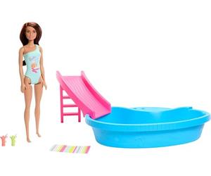 Barbie Dolls and Pool Playset Brown Sea Foam Swimming Costume with Swimming Pool, Slide, Towel and Drink Accessories