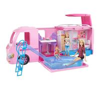 Barbie Dream Camper FBR34: Open play camper with 60 cm play surface, pool with slide, kitchen, bath, fire pit, hammocks for 4 dolls