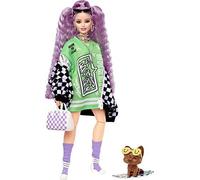 Barbie Extra Doll 18 in Jersey Dress Oversized Checkered Jacket, with Pet Pu