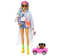 Barbie Extra Doll #5 in Long-Fringe Denim Jacket with Pet Puppy for Kids 3 Years Old and Up