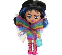Barbie Extra Mini Minis with Blue-Streaked Black Ponytail Wearing Rainbow Dress & Accessories & Stand, 3.25-Inch, HPJ09