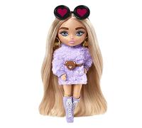 Barbie Extra Minis Doll #4 (5.5 in) Wearing Fluffy Purple Fashion, with Doll Stand & Accessories Including Teddy Ears and Sunglasses, Gift for Kids 3 Years Old & Up