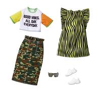 Barbie Fashionistas Clothes Kit, 2 Outfits for Dolls Including Camouflage Skirt, T-Shirt, Striped Dress and Accessories, Children's Toy, GHX67